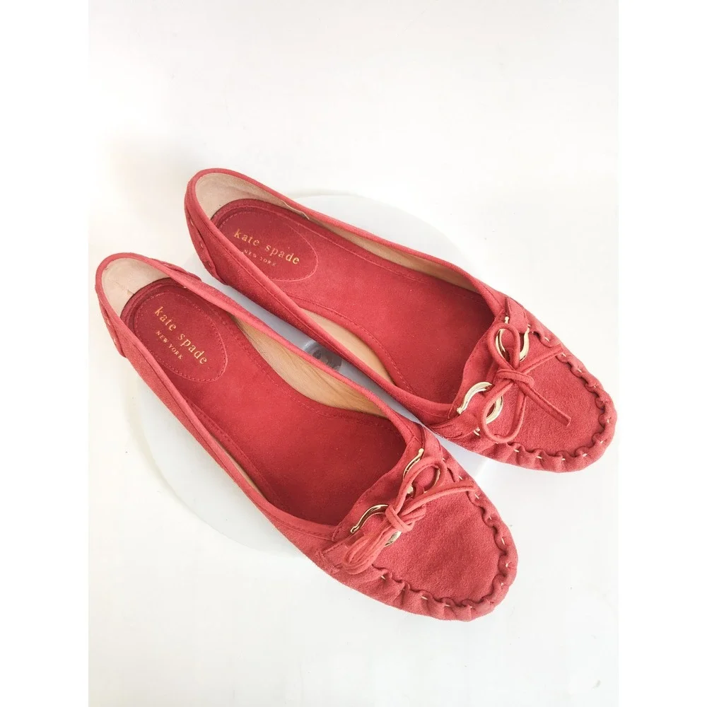 Kate Spade Flats Loafers 8 Moccasin Red Suede Bow Gold Horsebit Driving Shoes